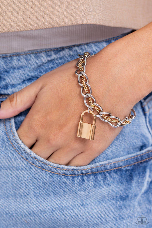 Watch the LOCK - Multi Color Metal Chains/Gold Lock Pendant Paparazzi Adjustable Bracelet