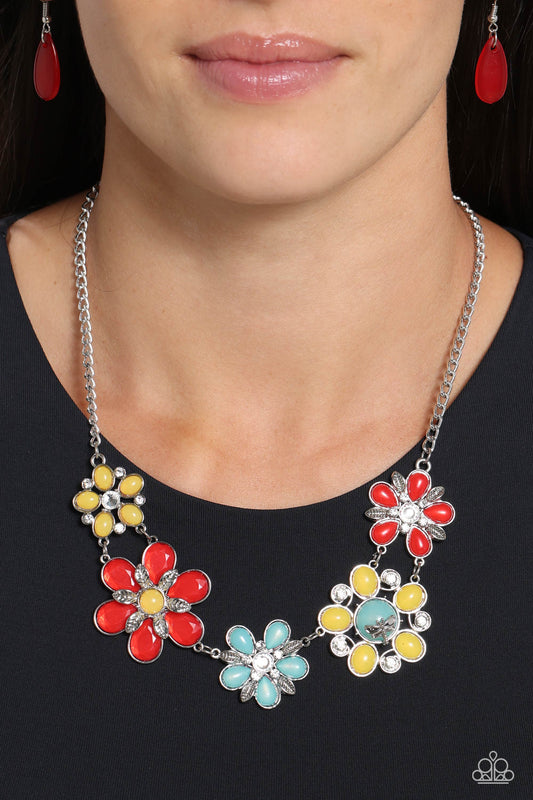 Dragonfly Decadence - Red/Yellow/Turquoise Beaded Flowers Paparazzi Necklace & matching earrings