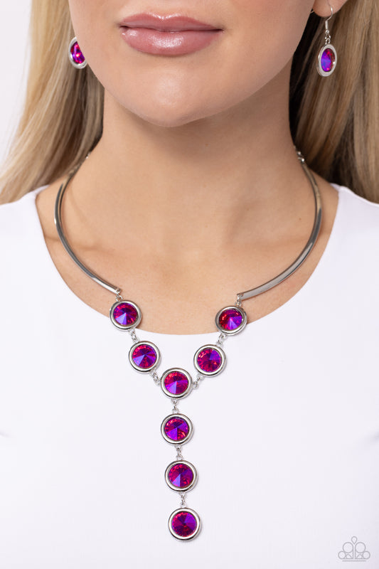 Cheers to Confidence - Pink UV Gems/Silver Curved Rods Paparazzi Necklace & matching earrings