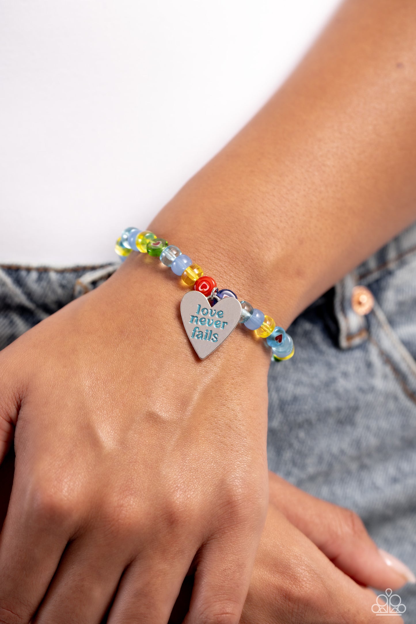 Unstoppable Love - Multi Colored Beads & Silver "Love Never Fails" Heart Charm Paparazzi Stretch Bracelet