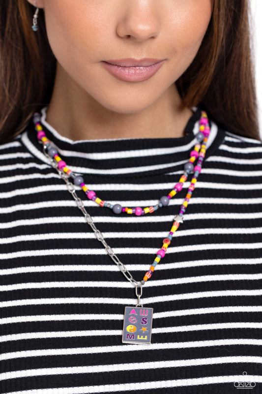 Curated Collision - Silver Paperclip Chain/Seed Beads/"AWESOME" Pendant Paparazzi Necklace & matching earrings