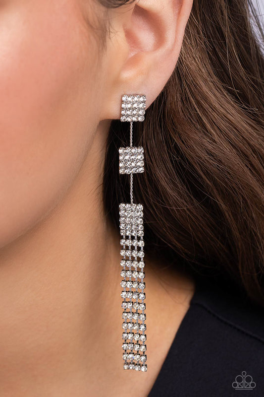 Fiercely Free-Falling - White Rhinestone Square Frames/White Rhinestone Tassels Paparazzi Earrings