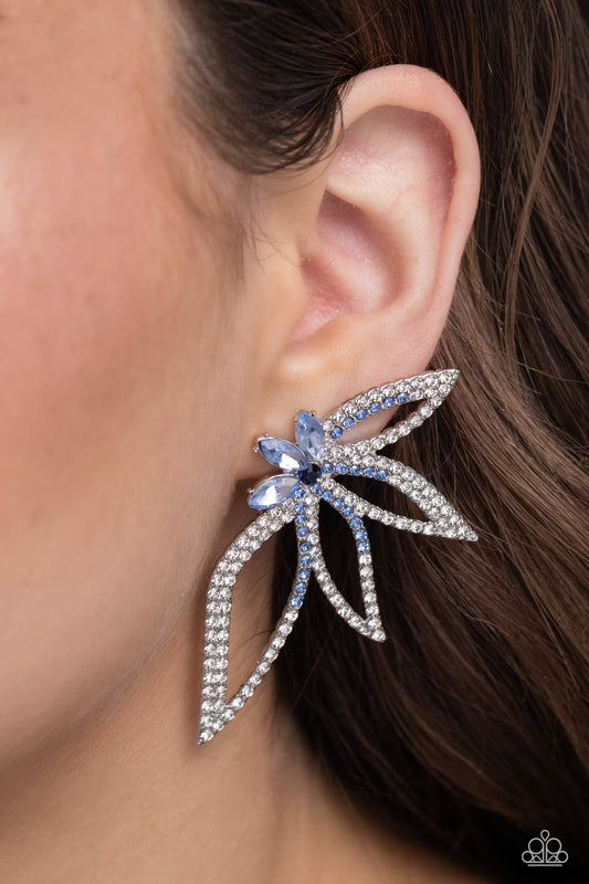 Twinkling Tulip - Blue & White Rhinestone Petals Paparazzi Earrings