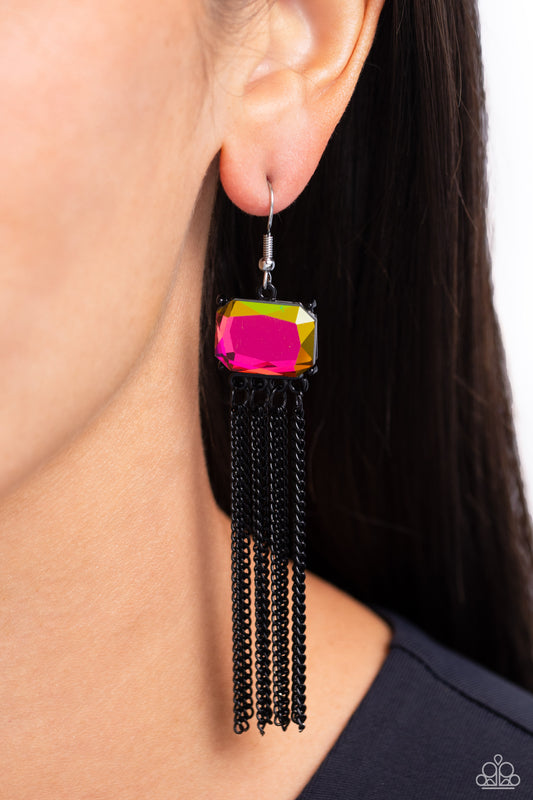Dreaming Of TASSELS - Black Chain Tassels & Oil-Spill Gem Paparazzi Earrings