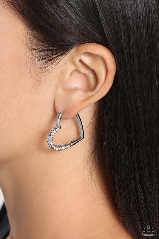 Be Mine, Valentine? - Multi Iridescent Rhinestones/Silver Heart Paparazzi Hinge Hoop Earrings