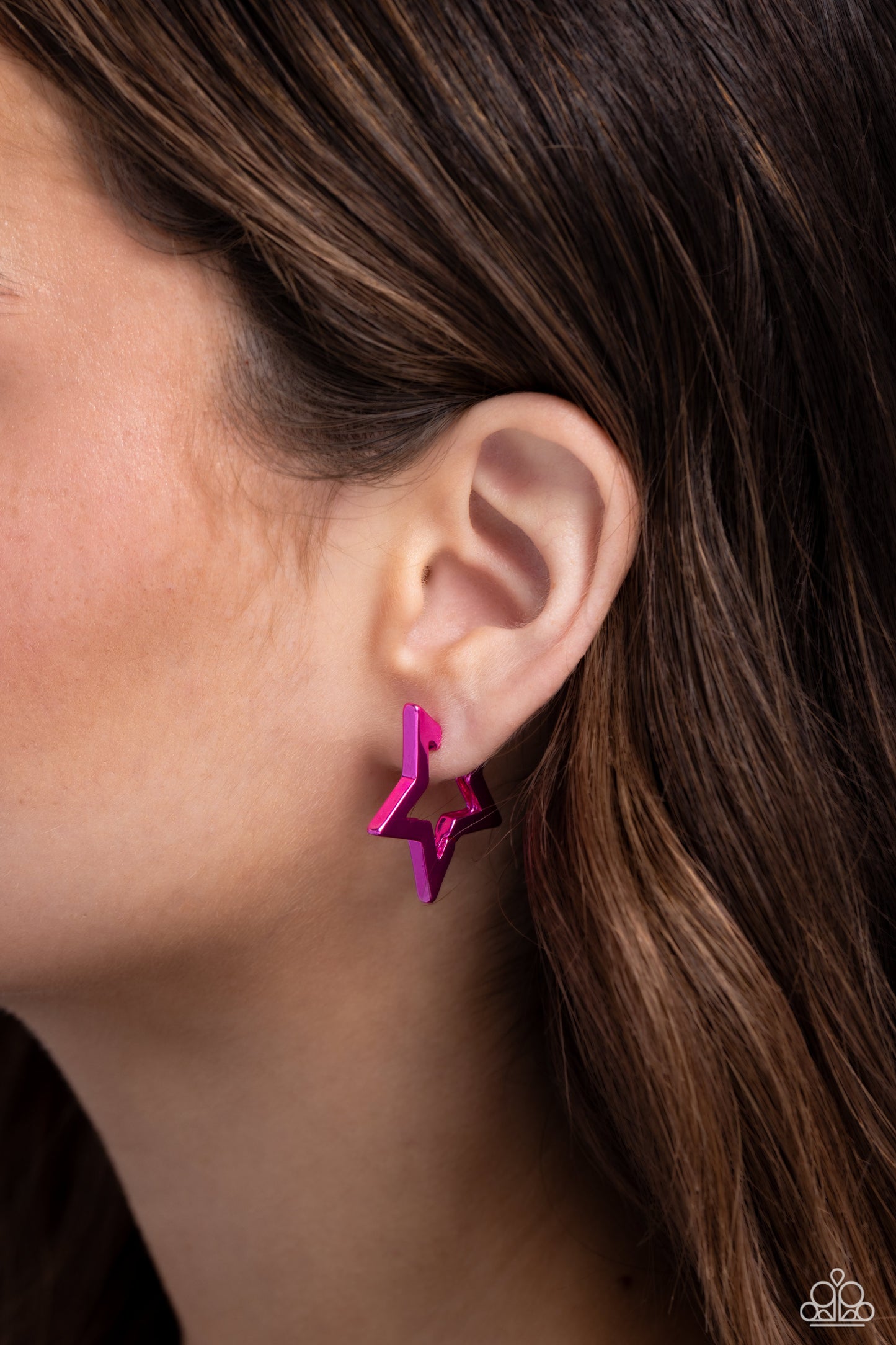 In A Galaxy STAR, STAR Away - Pink Metallic Star Paparazzi Hoop Earrings