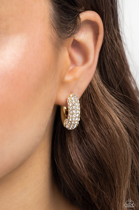 Combustible Confidence - Gold & White Rhinestone Paparazzi Hinge Hoop Earrings