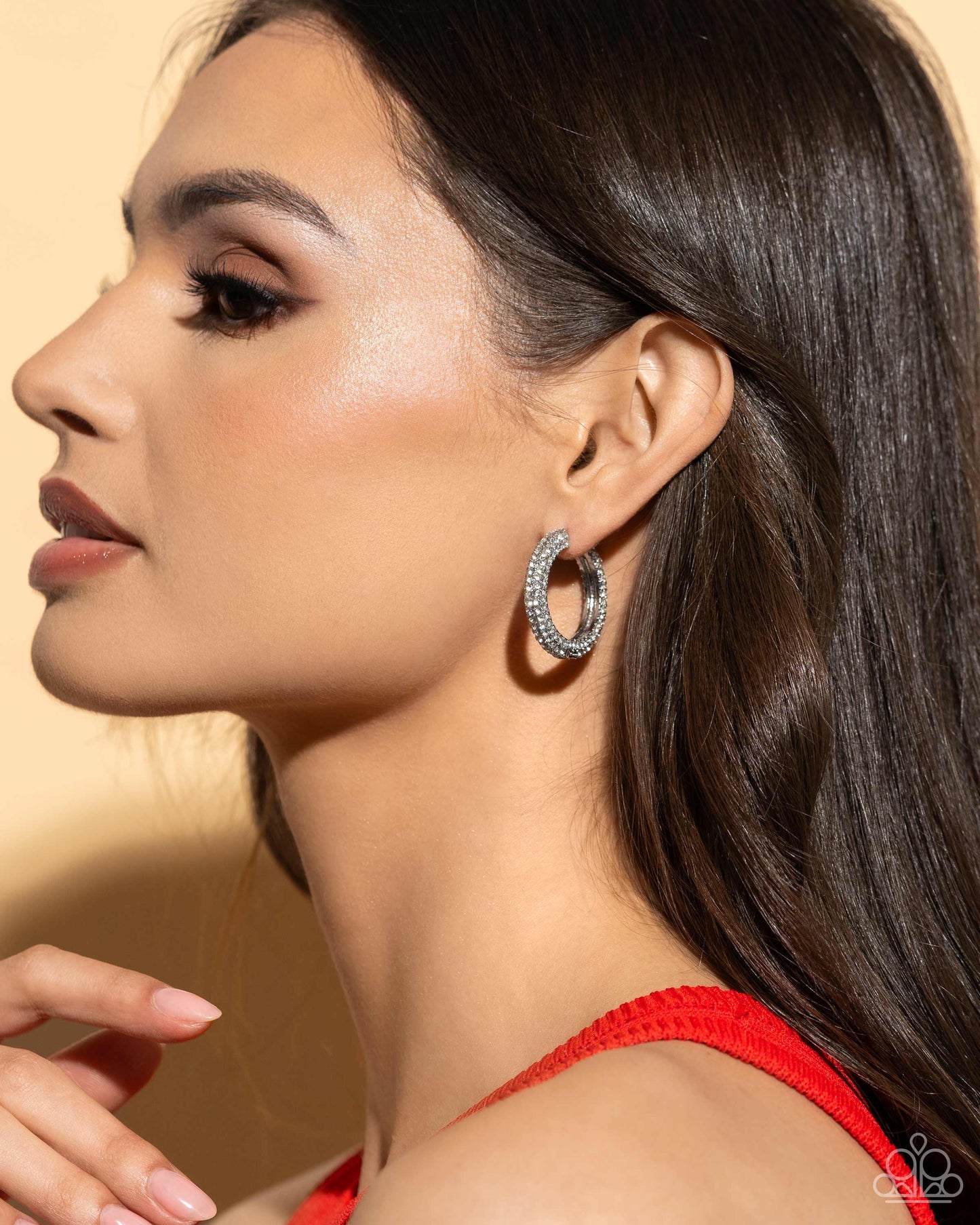 Glowing Praise - White Rhinestone Paparazzi Hinge Hoop Earrings