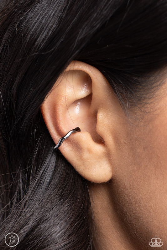 Enigmatic Echo - Gunmetal Abstract Pattern Paparazzi Ear Cuff Earrings