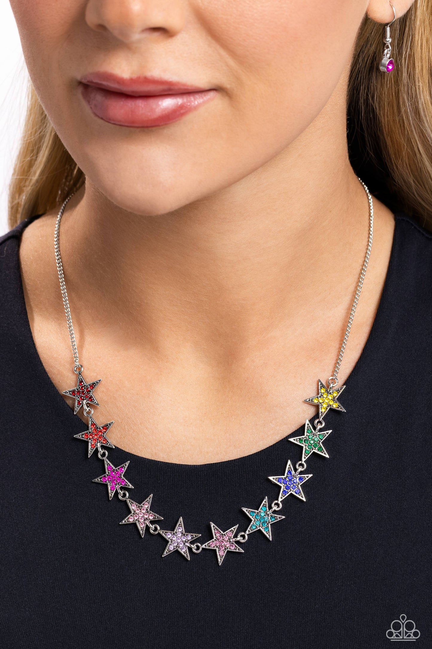 Star Quality Sensation - Multi Colored Rhinestone Encrusted Stars Paparazzi Necklace & matching earrings