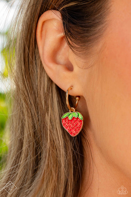 Fashionable Fruit - Gold Hoop & Strawberry Charm Paparazzi Earrings