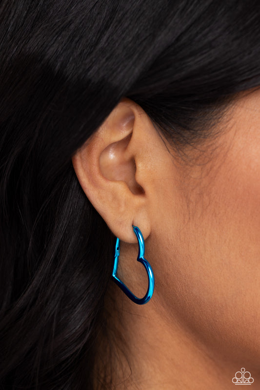 Loving Legend - Blue Metallic Heart Hoops Paparazzi Earrings