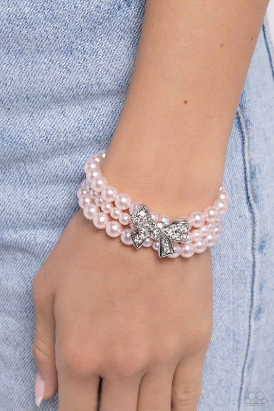 How Do You Do? - Pink Pearls & Rhinestone Encrusted Bow Paparazzi Stretch Bracelet