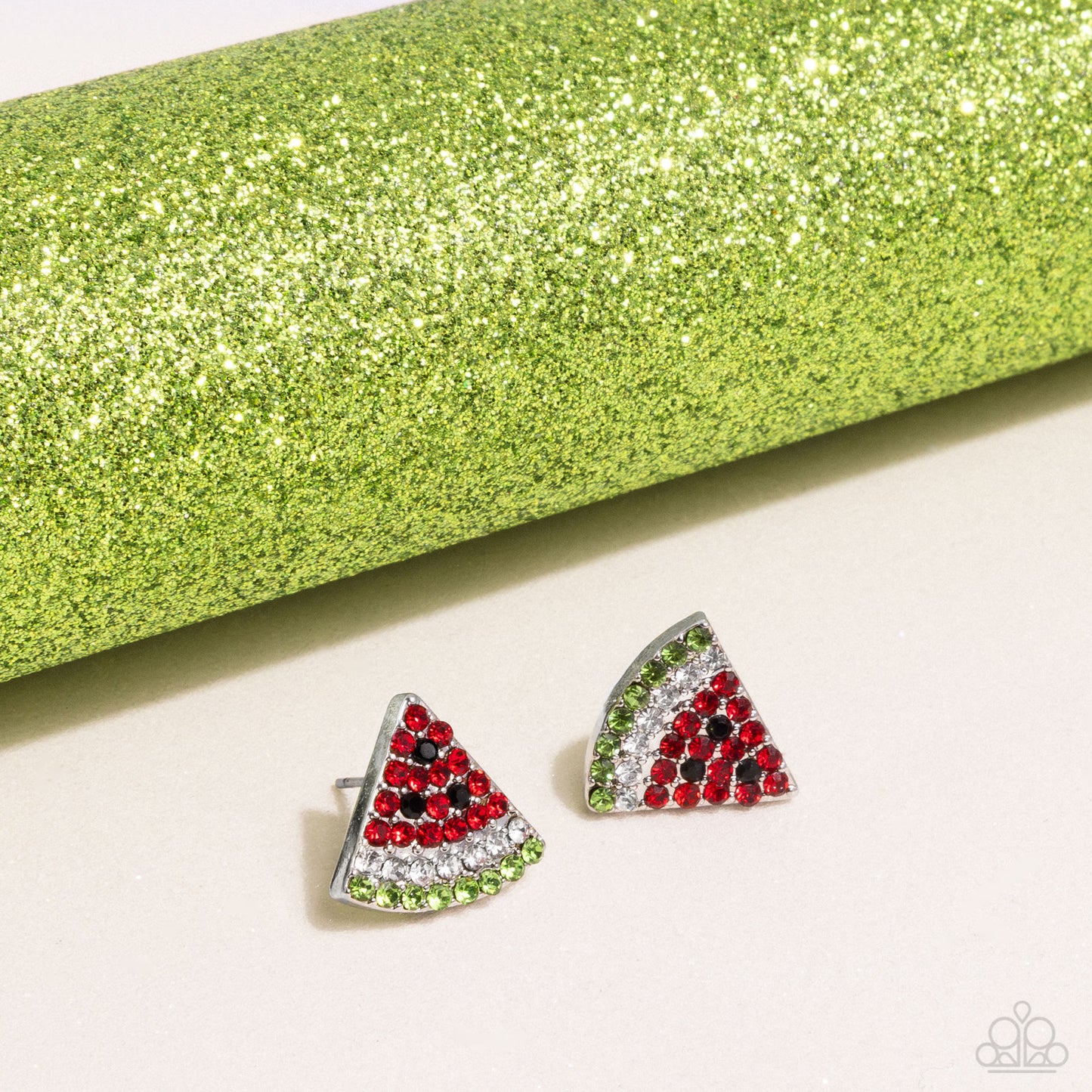 Watermelon Slice - Red, White, Black, Green Rhinestone Watermelon Slice Paparazzi Post Earrings