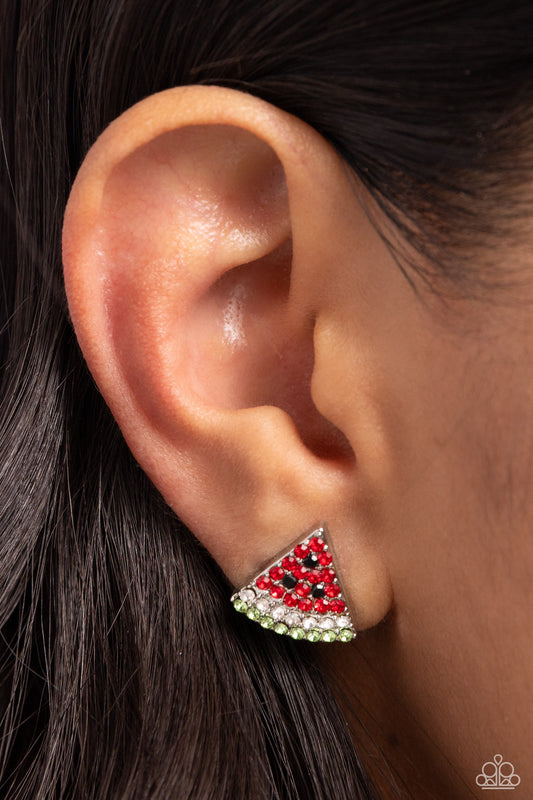 Watermelon Slice - Red, White, Black, Green Rhinestone Watermelon Slice Paparazzi Post Earrings