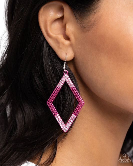 Eloquently Edgy - Pink Metallic Diamond Shape Frame/Dainty White Rhinestones Paparazzi Earrings