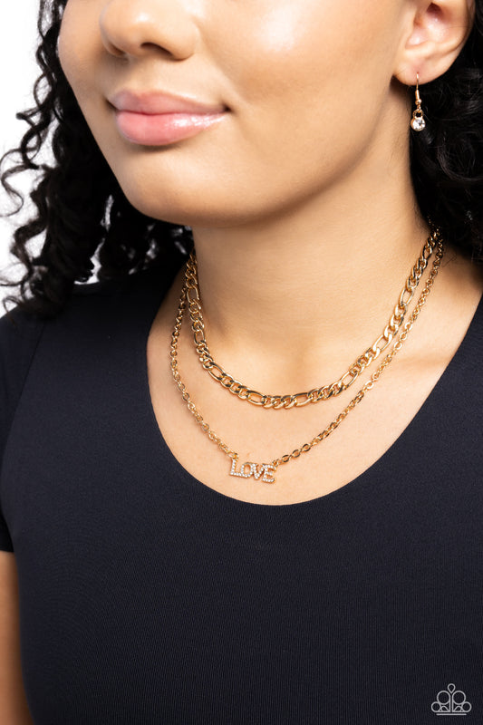 Lovely Layers - Gold "LOVE" Pendant/Mismatched Chain Paparazzi Necklace & matching earrings
