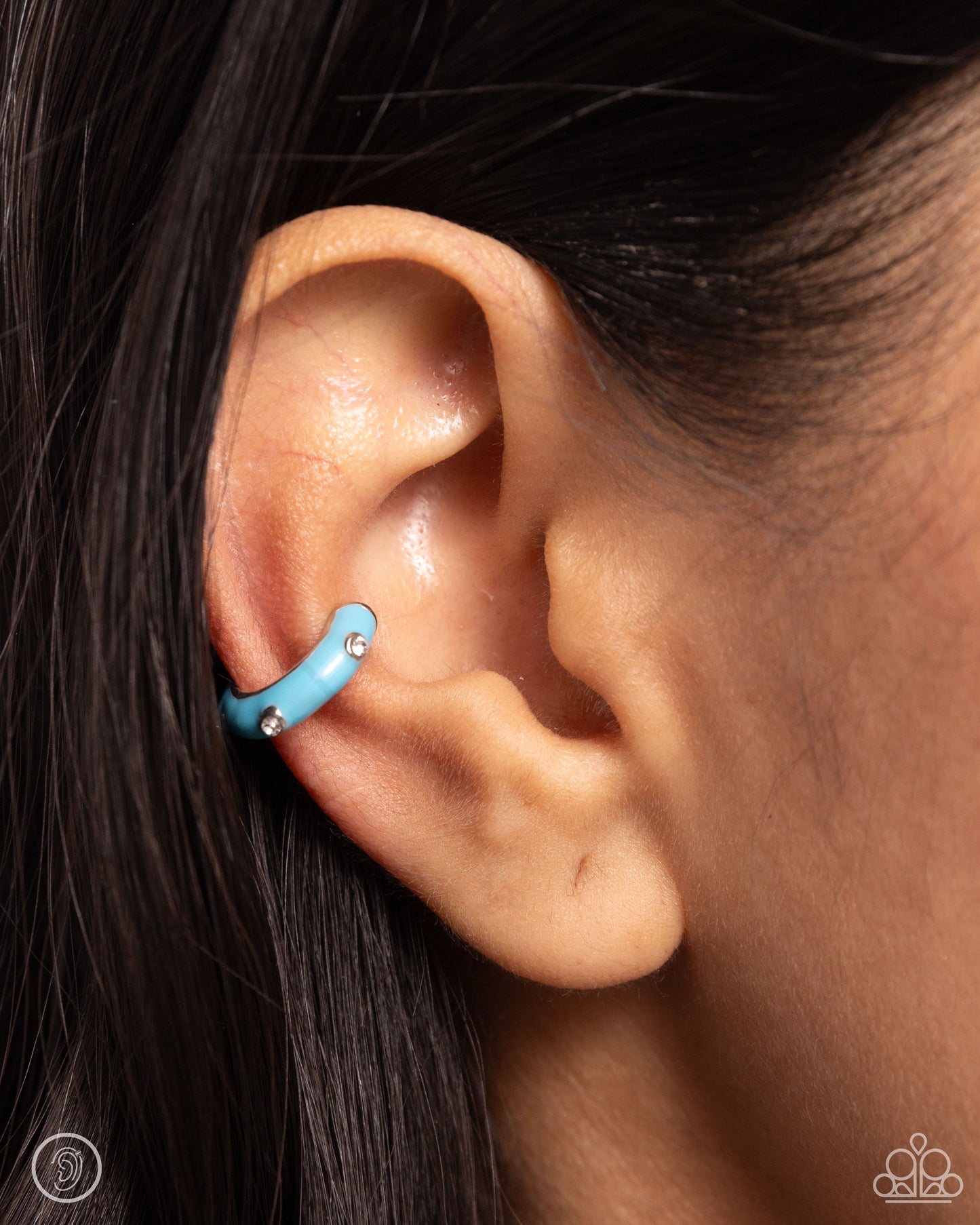 Coastal Color - Blue Paint & White Rhinestone Studded Paparazzi Ear Cuff Earrings