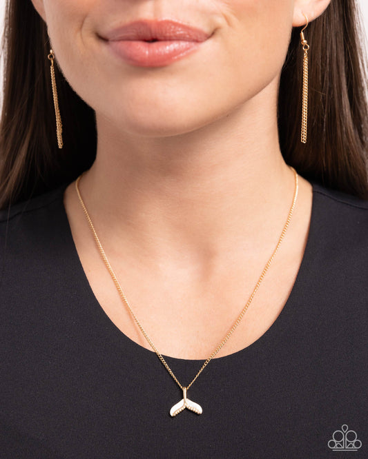Mermaid Masterpiece - Gold/White Shell Mermaid Tail Pendant Paparazzi Necklace & matching earrings