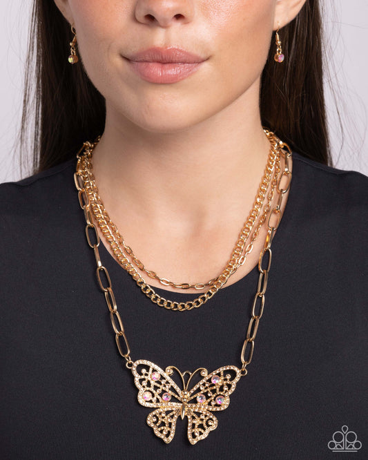 Winged Wonder - Gold Mismatched Chains/Oversized Butterfly Paparazzi Necklace & matching earrings