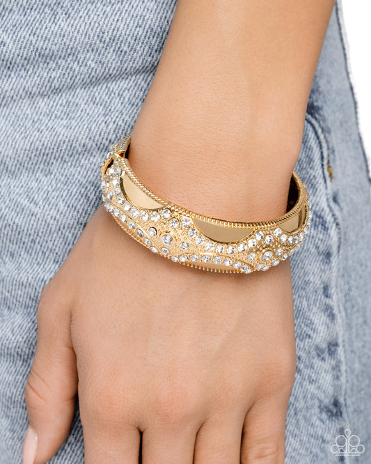 Draped in Decadence - Gold & White Rhinestones Paparazzi Hinge Bracelet