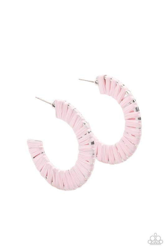 A Chance of RAINBOWS - Pink Wicker-Like Cording Paparazzi Hoop Earrings