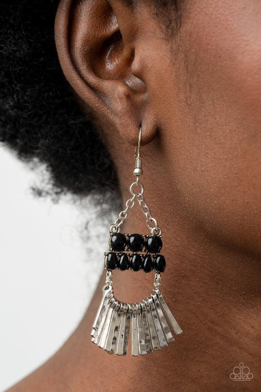 A FLARE For Fierceness - Black Beads & Hammered Silver Rod Paparazzi Chandelier Earrings