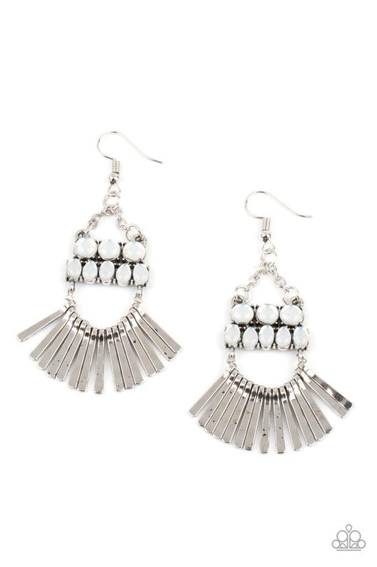 A FLARE For Fierceness - White Opalescent Beaded Rustic Chandelier Paparazzi Earrings