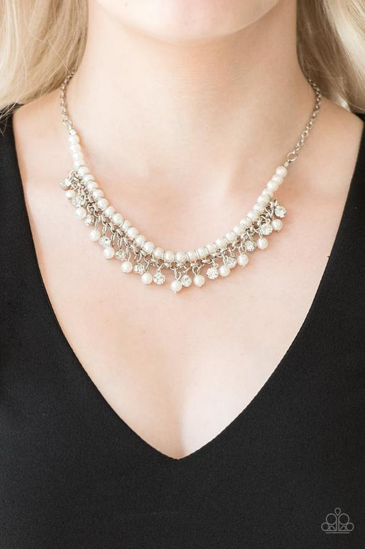 A Touch of CLASSY - White Pearl & Rhinestone Paparazzi Fringe Necklace & matching earrings