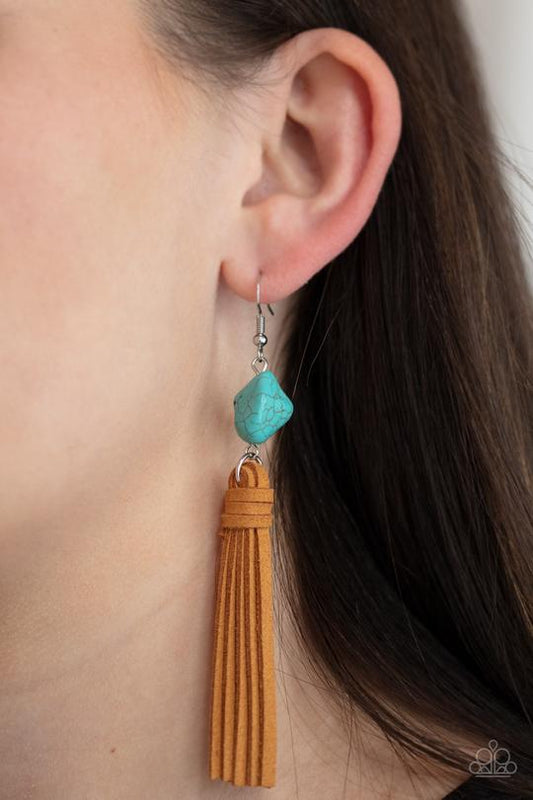 All-Natural Allure - Blue/Turquoise Stone & Brown Suede Tassel Paparazzi Earrings