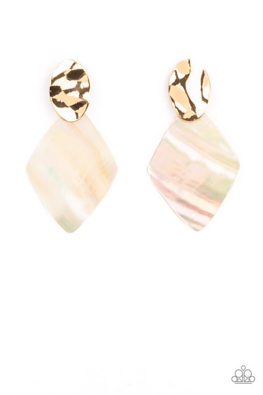 Alluringly Lustrous - Gold Hammered Oval & Iridescent Shell-Like Frame Paparazzi Earrings