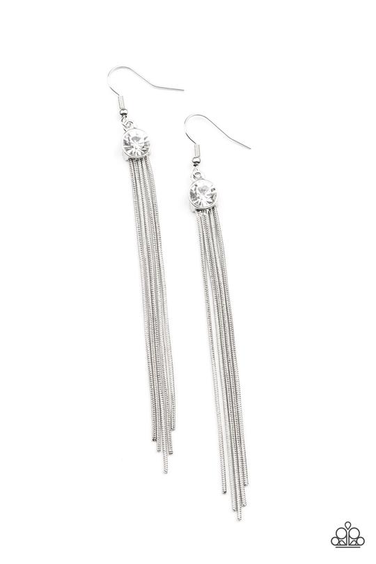 Always In Motion - White Rhinestone/Silver Snake-Like Chain Paparazzi Earrings