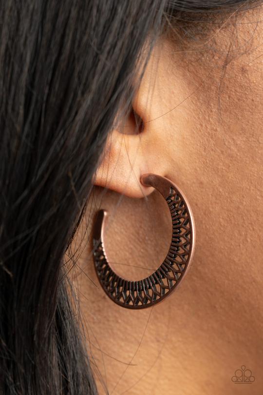 Bada BLOOM! - Copper Antiqued Stenciled Paparazzi Hoop Earrings