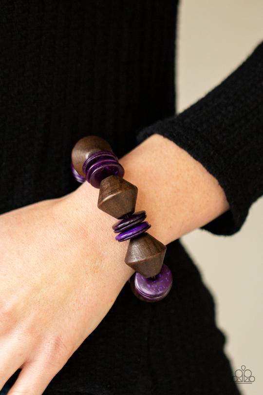 Bermuda Boardwalk - Purple Wooden Discs & Chunky Brown Wooded Beaded Paparazzi Stretch Bracelet