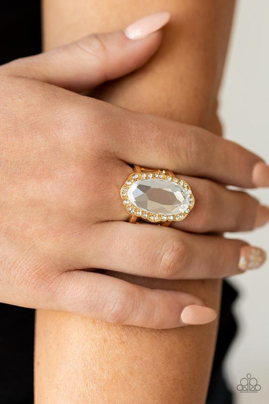 BLING to Heel - Gold Scalloped Frame & Oversized Oval White Gem Paparazzi Ring