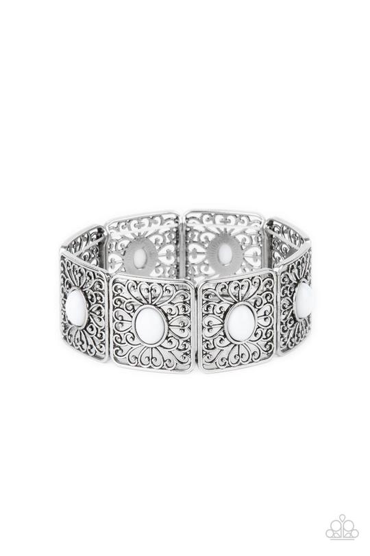 Cakewalk Dancing - White Oval Bead & Whimsical Heart-Shaped Vine-Like Filigree Paparazzi Stretch Bracelet