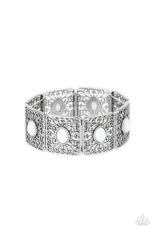 Cakewalk Dancing - White Oval Bead & Whimsical Heart-Shaped Vine-Like Filigree Paparazzi Stretch Bracelet