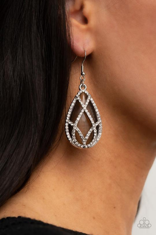 Crawling With Couture - Brown Oversized Cat's Eye Teardrop Stone & White Rhinestone Overlay Paparazzi Earrings