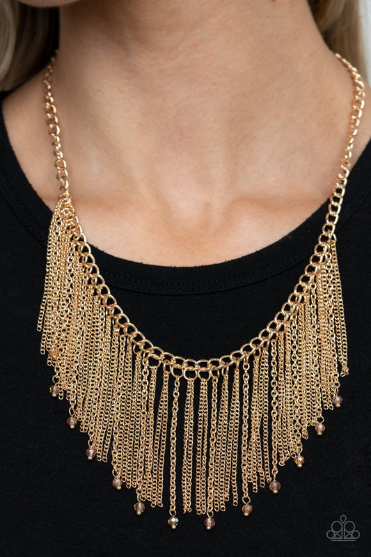 Cue the Fireworks - Gold Chain Tapered Fringe Paparazzi Necklace & matching earrings