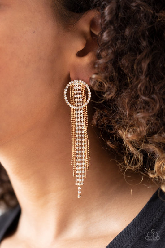 Dazzle by Default - Gold Ball-Chain/White Rhinestone Fringe Paparazzi Earrings