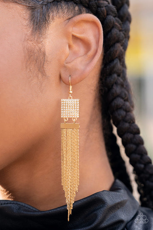 Dramatically Deco - Gold Dainty Chain Tassel Paparazzi Chandelier Earrings