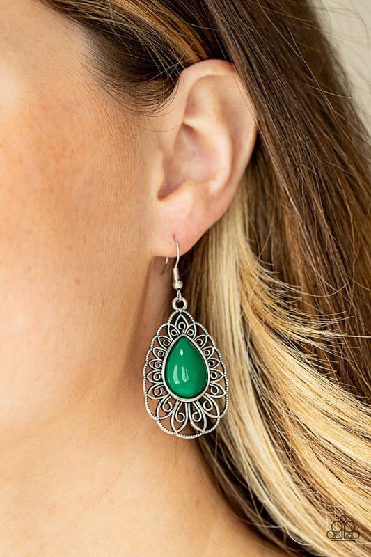 Dream STAYCATION - Green Beaded Silver Teardrop Frame Paparazzi Earrings