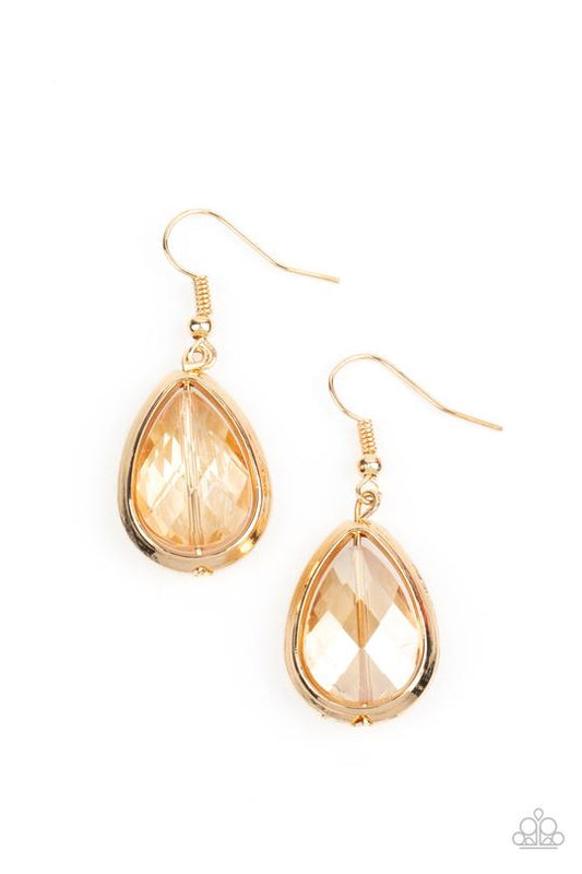 Drop-Dead Duchess - Gold Rhinestone/Gold Teardrop Casing Paparazzi Earrings