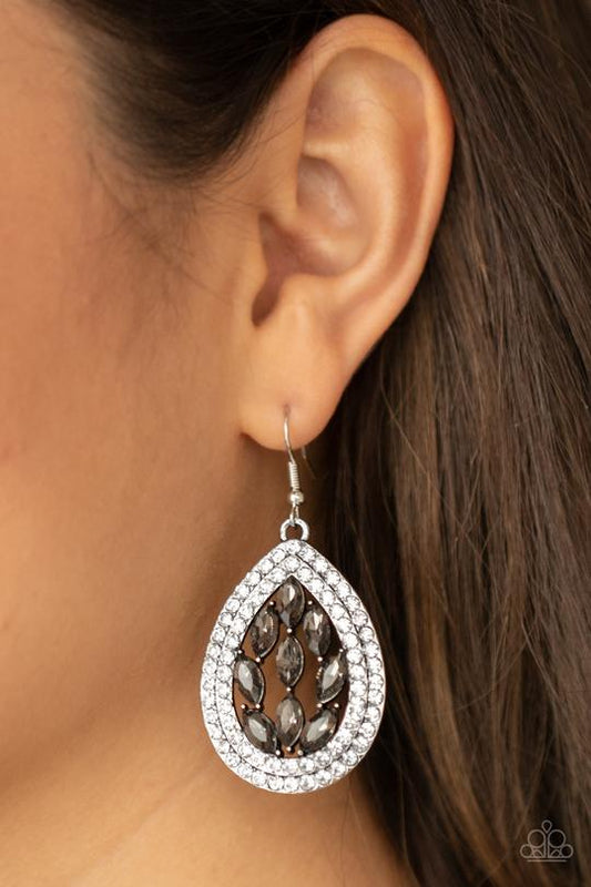 Encased Elegance - Silver/Smoky Marquise Cut Rhinestones & White Rhinestone Paparazzi Teardrop Earrings