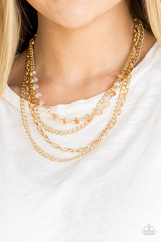 Extravagant Elegance - Gold Crystal Bead/Gold Chains Necklace & matching Earrings