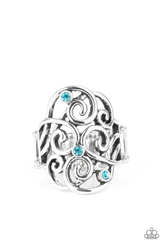 FRILL Out! - Blue Rhinestone/Silver Filigree Paparazzi Ring