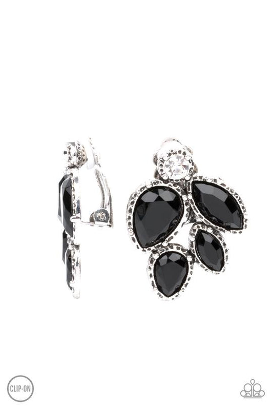 Fancy Foliage - Black & White Rhinestone Paparazzi CLIP ON Earrings