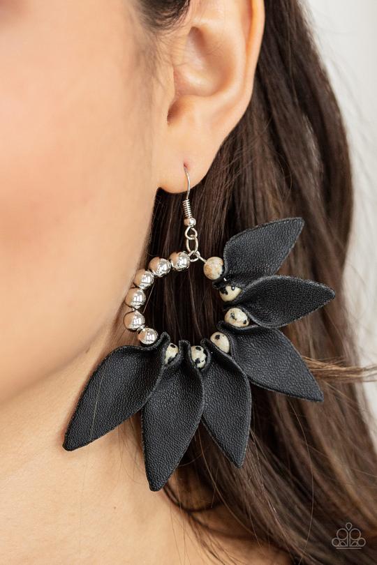 Flower Child Fever - Black Leather Petal Paparazzi Earrings