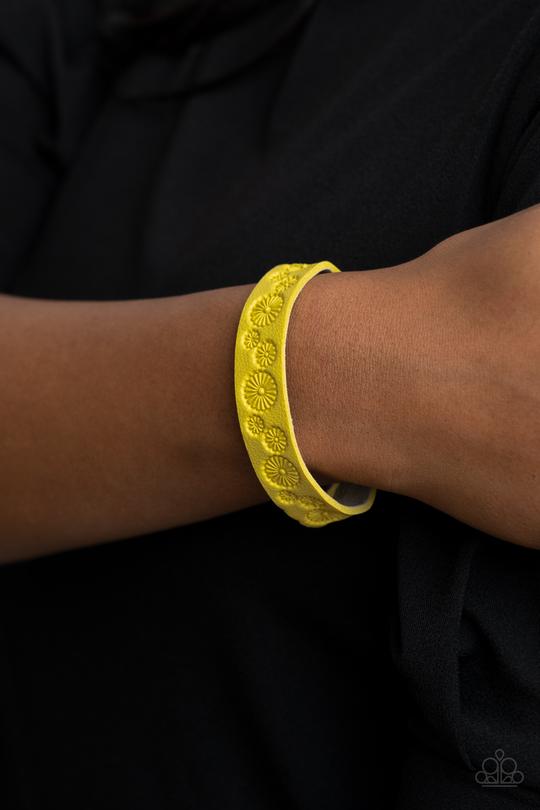 Follow The Wildflowers -Yellow Leather Daisy Stamped Paparazzi Snap Bracelet