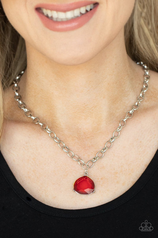 Gallery Gem - Red Oversized Glassy Gem Pendant & Chunky Silver Chain Paparazzi Necklace & matching earrings
